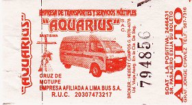 Rot-weisses Busbillet der Buslinienfirma
"Aquarius" mit Minicombi Rot-weisses Busbillet der Buslinienfirma
"Aquarius" mit Minicombi
