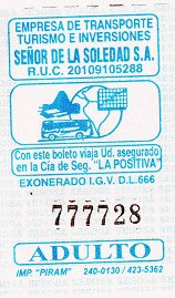 Hellblau-weisses Busbillet der Busfirma
"Señor de la Soledad SA" Hellblau-weisses Busbillet der Busfirma
"Señor de la Soledad SA"