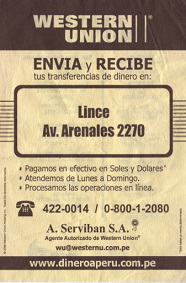 Volante de Western Union para Lima, 2007