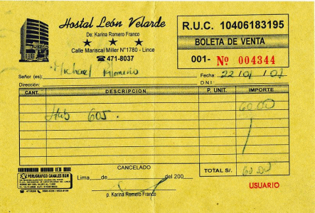 Boleto de hostal para Michael Palomino del
                        22-1-2007, hostal Le�n Velarde en Lince, Lima,
                        Per�