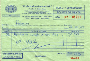 Boleto de hostal para Michael Palomino del
                        1-2-2007 del hostal Le�n Velarde en Lince, Lima,
                        Per�