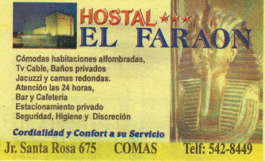 Tarjeta de visita del hostal "El
                        Fara�n" en Comas, Lima, Per�