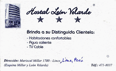 Tarjeta de visita del hostal "Len
                        Velarde" en Lince, Lima, Peru