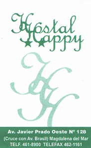 Visitenkarte des Hostal Happy im Quartier
                        Magdalena del Mar, Adresse Avenida Javier Prado
                        Oeste Nr. 128 an der Kreuzung mti der Avenida
                        Brasil, Quartier Magdalena del Mar, Lima, Per�,
                        Tel. 01-4618900