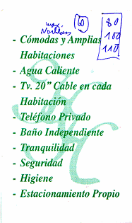 Visitenkarte des Hostal Happy im Quartier
                        Magdalena del Mar im Quartier Magdalena, Angebot
                        mit bequemen und grossen Zimmern, Heisswasser,
                        Kabel-TV in jedem Zimmer, privates Telefon,
                        eigenes Bad, allgemeine Ruhe und Sicherheit um
                        das Haus, gute hygienische Verh�ltnisse und
                        saubere Zimmer. Preise: Einzelzimmer 80,
                        Doppelzimmer 100, Dreierzimmer 110 Soles. F�r
                        wohlt�tig arbeitende G�ste gibt es ein Zimmer
                        auch f�r 60 Soles.