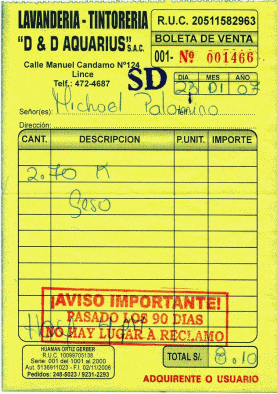 Lima: Quittung der W�scherei in Lince,
                        23.1.2007