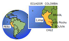 Globo con "Am�rica" del Sur con el
                      Per� con Lima y Machu Picchu, mapa en el globo
