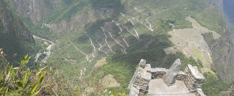 Machu Picchu, vista del mirador Huaynapicchu a
                    la calle en serpentinas subiendo de Aguas Calientes
                    a Machu Picchu, foto panor�mica