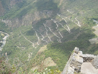 Machu Picchu, vista del mirador Huaynapicchu a
                    la calle en serpentinas de Agua Calientes a Machu
                    Picchu 02