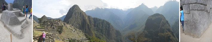 Vista de Machu Picchu con los
                      miradores Huchuypicchu (peque�o), Huaynapicchu
                      (grande) y con la monta�a Putucusi y con los las
                      monta�as al fondo - la piedra solar (Intiwatana) -
                      la piedra gigante cortada del cuarto de meditaci�n
                      con 32 rincones