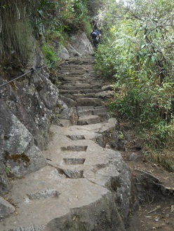 Subida a HuaynaPicchu: roca
                                cortada con escalera esculturada en 1
                                trozo