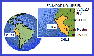 Die Erde mit Sd-"Amerika" mit Lima
                      und Machu Picchu, Karte auf dem Erdball