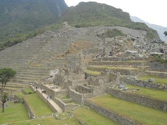 Machu Picchu, Sicht auf die grosse Mauer mit Zentralplatz mit Baum und Landwirtschaftssektor