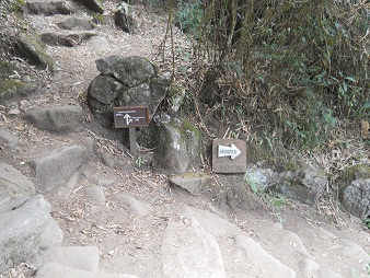 Spaziergang und Wegweiser: Die Teilung des
                    Weges links zum kleinen Hausberg Huchuypicchu und
                    zum grossen Hausberg Huaynapicchu (Waynapicchu)