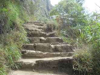 Spaziergang zum Hausberg Huaynapicchu,
                    unregelm�ssige Treppe