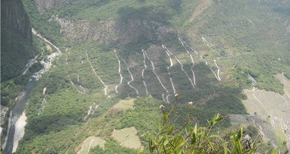 Machu Picchu, view from the
Huaynapicchu hamlet to the serpentined road from
Agua Calientes (Hot Waters) to Machu Picchu without
sundial, panoramic photo Machu Picchu, view from the Huaynapicchu hamlet
to the serpentined road from Agua Calientes (Hot
Waters) to Machu Picchu without sundial, panoramic
photo