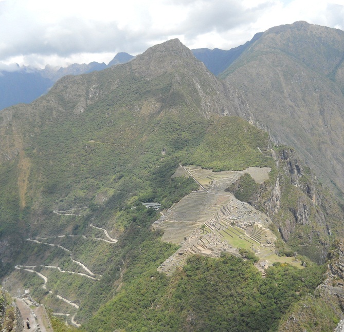 Rückweg von
Huaynapicchu, Sicht auf Machu Picchu, Panoramafoto Rückweg von Huaynapicchu, Sicht auf Machu
Picchu, Panoramafoto
