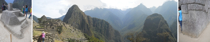Sicht auf Machu Picchu mit den
                      Hausbergen Huchuypicchu (klein), Huaynapicchu
                      (gross) und dem Putucusi-Berg und den Bergen im
                      Hintergrund, Panoramafoto - links der
                      Sonnenjahrstein - rechts der geschnittene
                      Gigastein des Mediationszimmers mit 32 Ecken