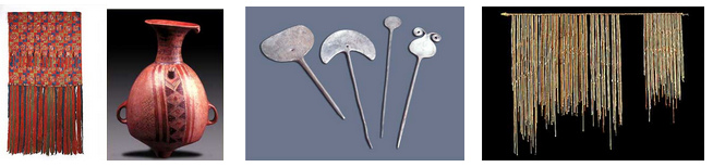 Objetos de la
                    cultura de los Incas: una tela, una jarra, ganchos y
                    quipus