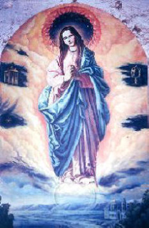 Pintura de Pedro
                    Marticorena con cielo con nubes formando una
                    aureola