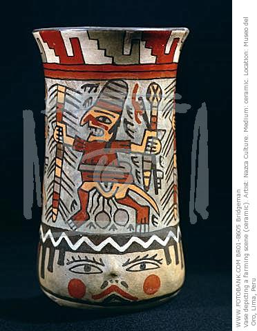 Ein Bauer auf dem Feld, am oberen
                          Rand mit Treppenmotiven, Vase der
                          Nasca-Keramik