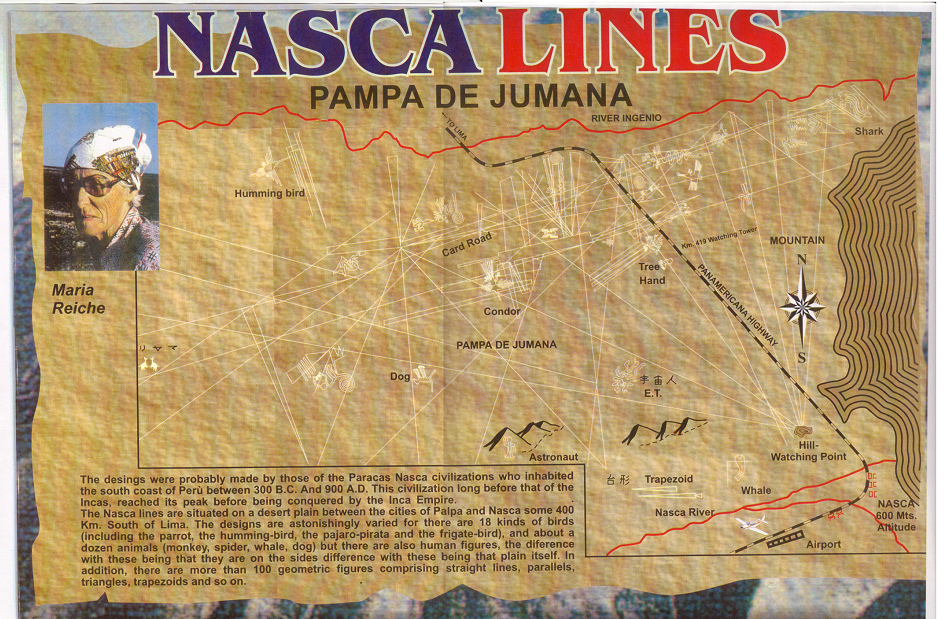 Poster de las l�neas de Nasca y de Ingenio en
                    la Pampa de Jumana con muchas l�neas rectas y con un
                    retrato de Mar�a Reiche; indicaciones son en ingl�s
                    y algunas en japon�s, pero faltan muchas
                    indicaciones, y la colina de vista natural ahora
                    est� cerca de Nasca y salen muchas l�neas de esa
                    colina.
