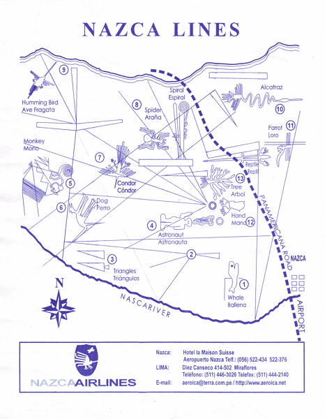 Mappa delle linee di Nazca con disegni a terra e
                alcune linee rette, della compagnia aerea "Nazca
                Airlines", con informazioni in inglese e in
                spagnolo. Tuttavia,  possibile vedere solo i disegni a
                terra che vengono avvicinati durante il volo.