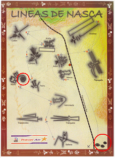 Mappa delle linee di Nazca della
                          compagnia aerea "Travel Air" con
                          l'indicazione delle spirali (scimmia,
                          acquedotti)