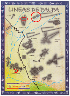 Karte der Linien von Palpa der
                          Fluggesellschaft "Travel Air" mit
                          der Angabe einer Spirale und zweier
                          Doppelspiralen: Spirale bei der
                          Paracas-Familie, und zwei Doppelspiralen: eine
                          bei der Sonnenuhr und eine daneben