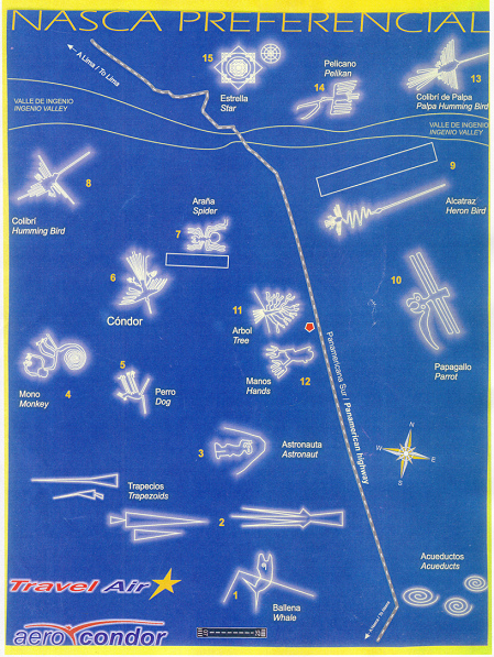 Mapa de las aerol�neas "Travel Air" y
                    "Aero Condor" con las l�neas de Nasca
                    (solo dibujos) y con 3 dibujos de las l�neas de
                    Palpa con el m�ndala, con inscripciones en espa�ol y
                    en ingl�s, con una numeraci�n para el vuelo, solo
                    mostrando los dibujos que son mostrados en el vuelo
                    y al fin indicando tambi�n las espirales de los
                    acueductos.