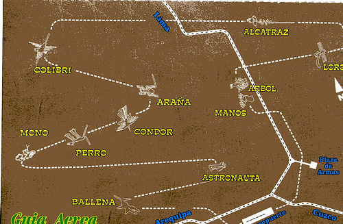 Map with the Nazca lines with the
              flight path of Chandravan: There are only drawn the
              geoglyphs which are shown during the flight