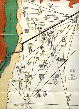 Karte mit den Linien von Nasca von der
                          Webseite von Kleberhoff, mit der Perspektive
                          von den Pyramiden von Cahuachi aus, mit einer
                          guten Position des Aussichtshgels, aber mit
                          einem "Astronauten" mit erhobenen
                          Armen