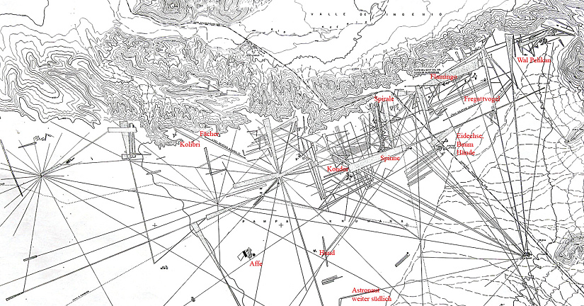 Karte mit den Linien von Nasca von der Webseite von
                Boeckel, mit vielen geraden Linien und mit Relieflinien.
                Gemss der Karte des Geographischen Instituts stimmt
                auch die Position des Aussichtshgels