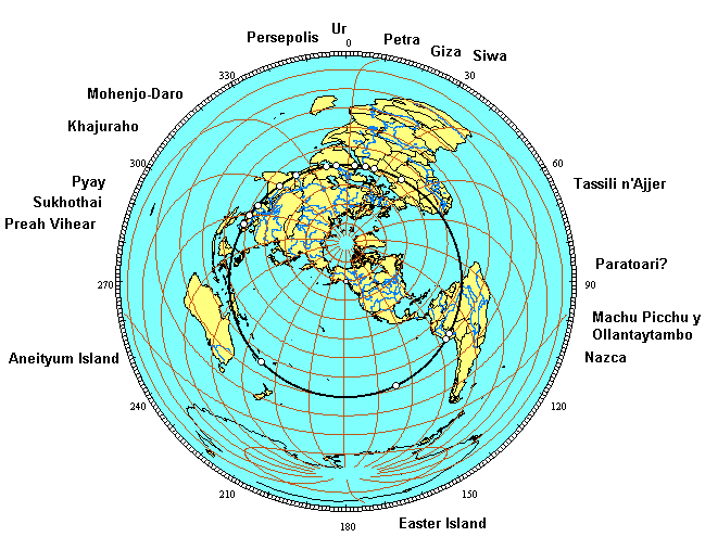 On the equator of
                        former times there is the big majority of
                        centers of "high civilizations" of our
                        forefathers, with it's mythologies and it's
                        pyramids and temples: Nazca, Ollantaytambo,
                        Machu Picchu, Paratoari, Tassili n'Ajjer, Siwa,
                        Giza, Petra, Ur, Persepolis, Mohenjo-Daro,
                        Khajuraho, Pyay, Sukhothai, Preah Vihear,
                        Aneityum Island and Easter Island [5].