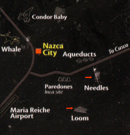 Mappa delle
                linee di Nazca di peruinside di J. Alvarado che indica
                due geoglifi sull'altro lato di Nazca a zig-zag, si
                tratta delle figure Needles (aghi) e Loom (telaio).