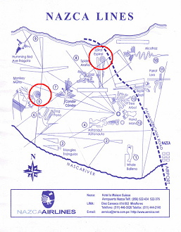 Mappa delle linee di Nasca della
                          compagnia aerea "Nasca Airlines" con
                          l'indicazione di due spirali (scimmia,
                          spirale)