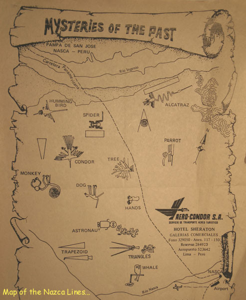 Mappa delle
                linee di Nazca della compagnia aerea "Aero
                Condor" con informazioni in inglese o spagnolo.