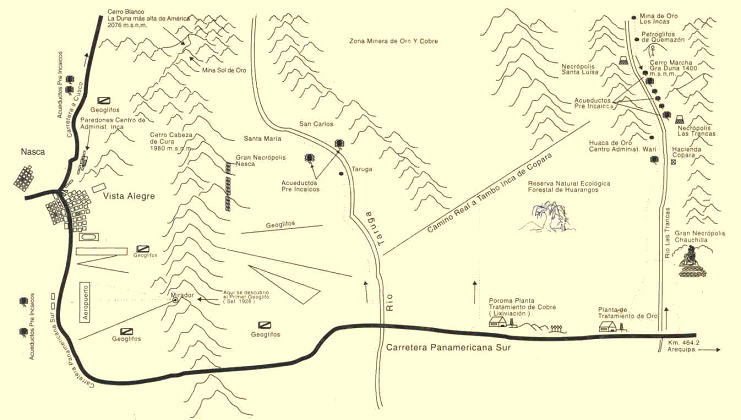 Mappa che indica i geoglifi tra Nazca, Vista
                Alegre, la Montagna Bianca ("Cerro Blanco") e
                la valle del fiume Taruga ("R�o Taruga").