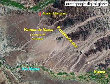 Satellite photo of the Pampa of Nazca (from google
                digital globe), the upper line is the Panamericana, in
                the center of the plain is the big cross of lines.