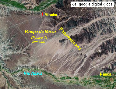 Foto satelital de la Pampa de Nasca (de google
                    digital globe), m�s arriba la Panamericana, en el
                    centro de la pampa la cruz grande de l�neas; se ve
                    ese mapa tambi�n aqu�:
                    http://www.delange.org/Nazca/Nazca.htm