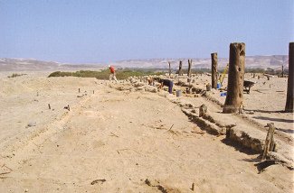 S�ulenbereich
                ("estaquer�a") (03) des Treppentempels
                ("Templo del escalonado"), 4 km von Cahuachi
                bei Nasca, mit einem neuen Teil, wo die Arch�ologen
                gerade arbeiten