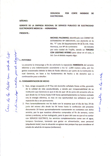 Carta
                        mentirosa de Sr. "Dr. Carlos Koo
                        Serrano", abogado, contra la Hidrandina,
                        pgina 1