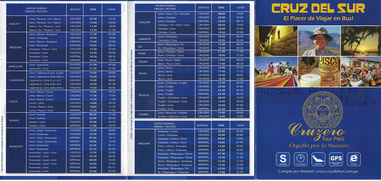 Busfirma Cruz del Sur, Faltprospekt mit
                          Titelblatt