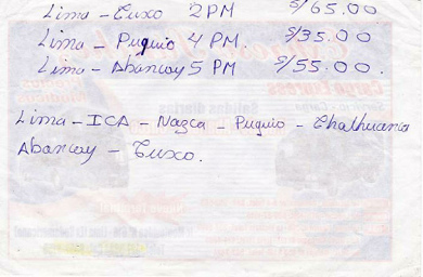 Busfirma Sanchez, Fahrplan, von der
                        Angestellten von Hand geschrieben