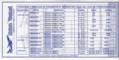Flugblatt mit Busfirmen und
                        Fluggesellschaften, die in Peru operieren,
                        R�ckseite: Fahrplanauszug der Busgesellschaften
                        Cruz del Sur, Oltursa und Caracol