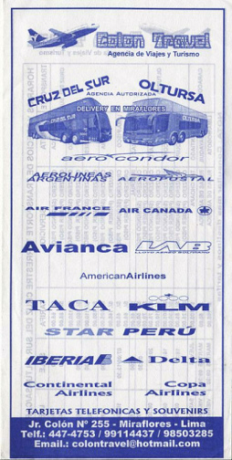 Flugblatt mit Busfirmen und Fluggesellschaften, die
                in Peru operieren