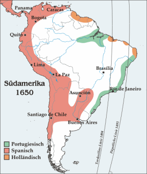 Mapa del
                            "Amrica" del Sur en 1650 con
                            indicacin de las partes espaolas (rojo),
                            portuguesas (verde) y hollandesas (naranje)