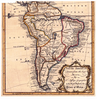 Mapa del "Am�rica" del Sur
                              en 1765. Se ve un gran Per�-Bolivia, un
                              gran Paraguay, una Amazona separada,
                              Brasil ya est� al otro lado de la segunda
                              l�nea de Tordesillas, y Chile est� mas
                              largo que hoy.