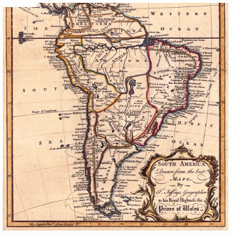 Mapa del "Amrica" del Sur
                              en 1765. Se ve un gran Per-Bolivia, un
                              gran Paraguay, una Amazona separada,
                              Brasil ya est al otro lado de la segunda
                              lnea de Tordesillas, y Chile est mas
                              largo que hoy.