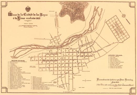 Plan de la ciudad de Lima en 1613,
                          todava sin muro, para un gobierno de la
                          nobleza espaola blanca (el norte arriba)